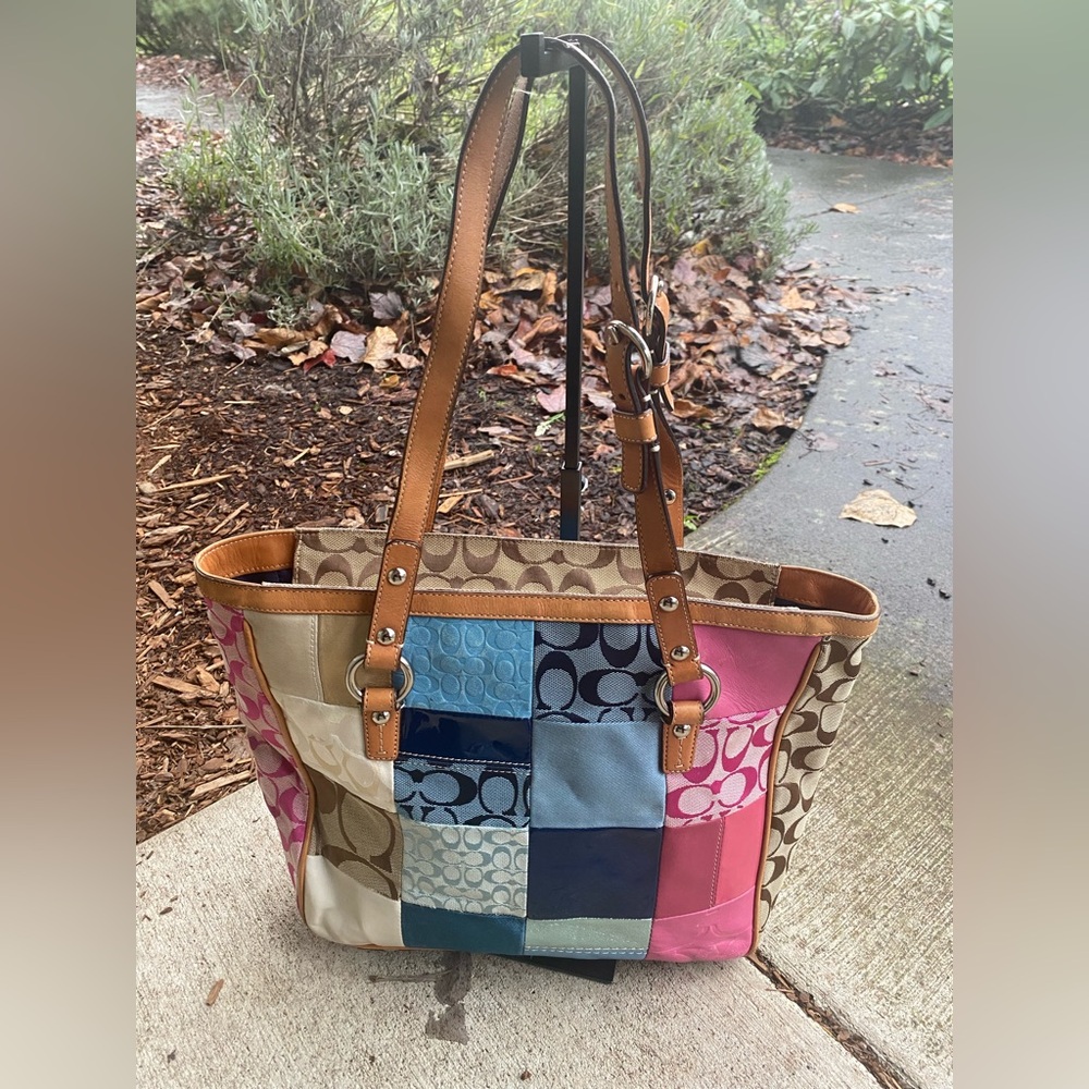 Coach Multicolor Patchwork Tote with Tan Straps